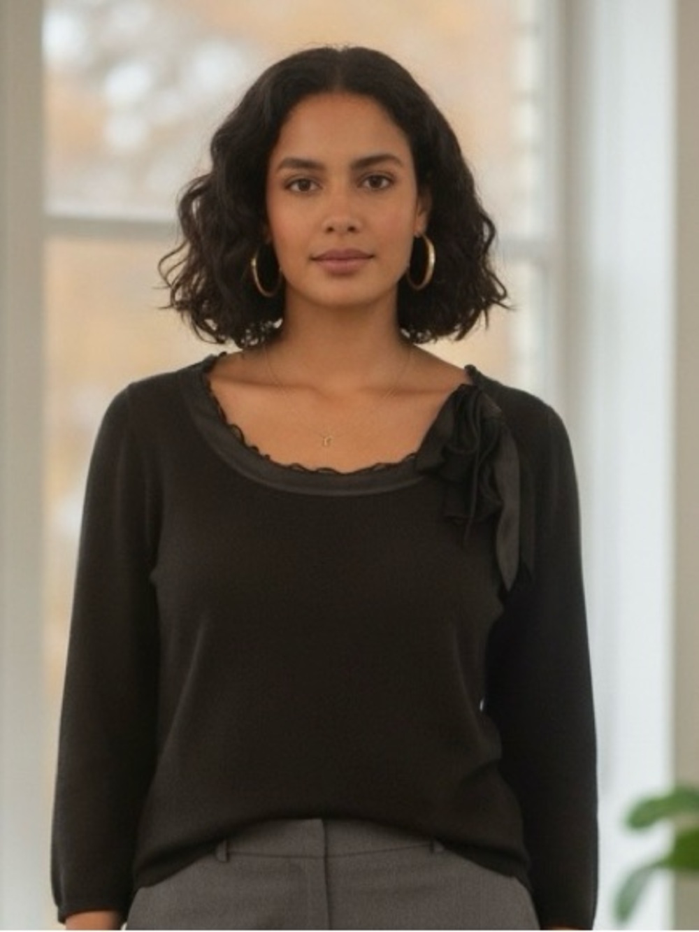 Banana Republic 80% Silk / Angora Black Scoop-Neck Sweater with Shoulder Bow